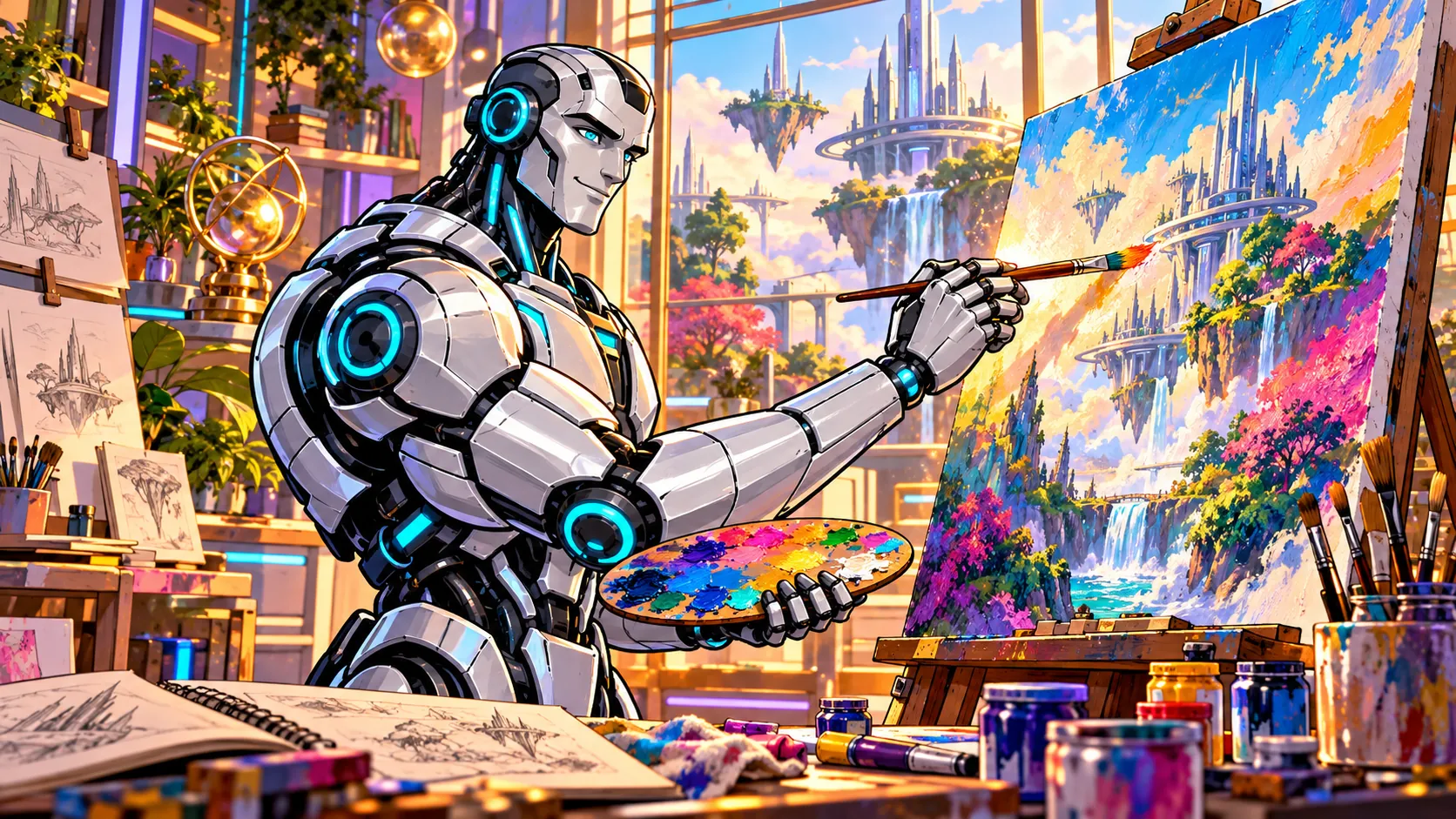 Robot maluje obraz fantastické krajiny