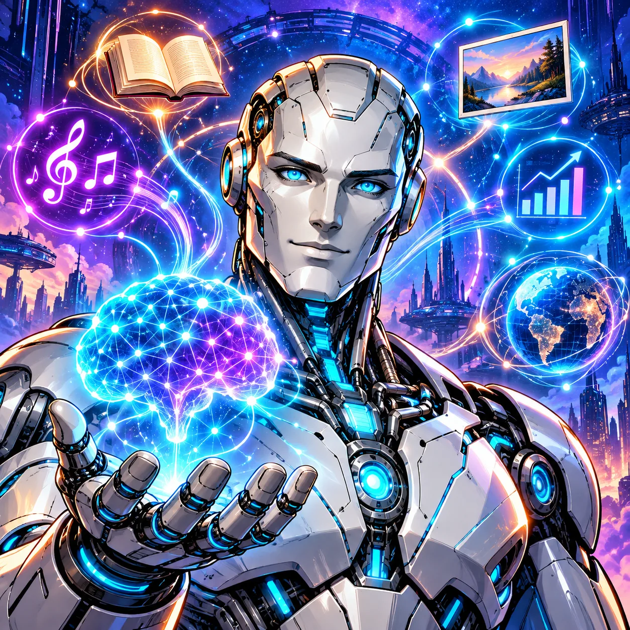 Usměvavý robot drží v dlani zářící model mozku z neuronové sítě, kolem něj se vznášejí kniha, hudba, obraz, graf a zeměkoule jako data, ze kterých se učí