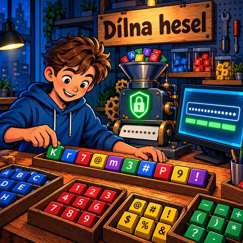 Kluk v dílně skládá heslo z písmenkových kostek